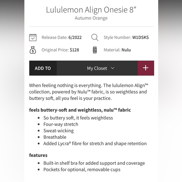 Lululemon- Sz 10&14- Autumn Orange- Align 8” Onesie Tank Top- Double Lined - Picture 2 of 15